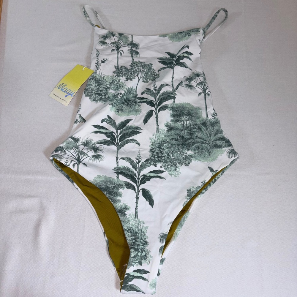 Maaji One Piece Swimsuit Medium White Green Tropical Toile High Neck Low Back